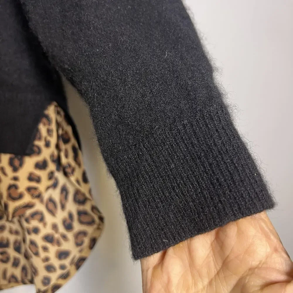Charter Club Women's 100% Cashmere Leopard Print Trimmed Sweater Sz M Black - Picture 4 of 11